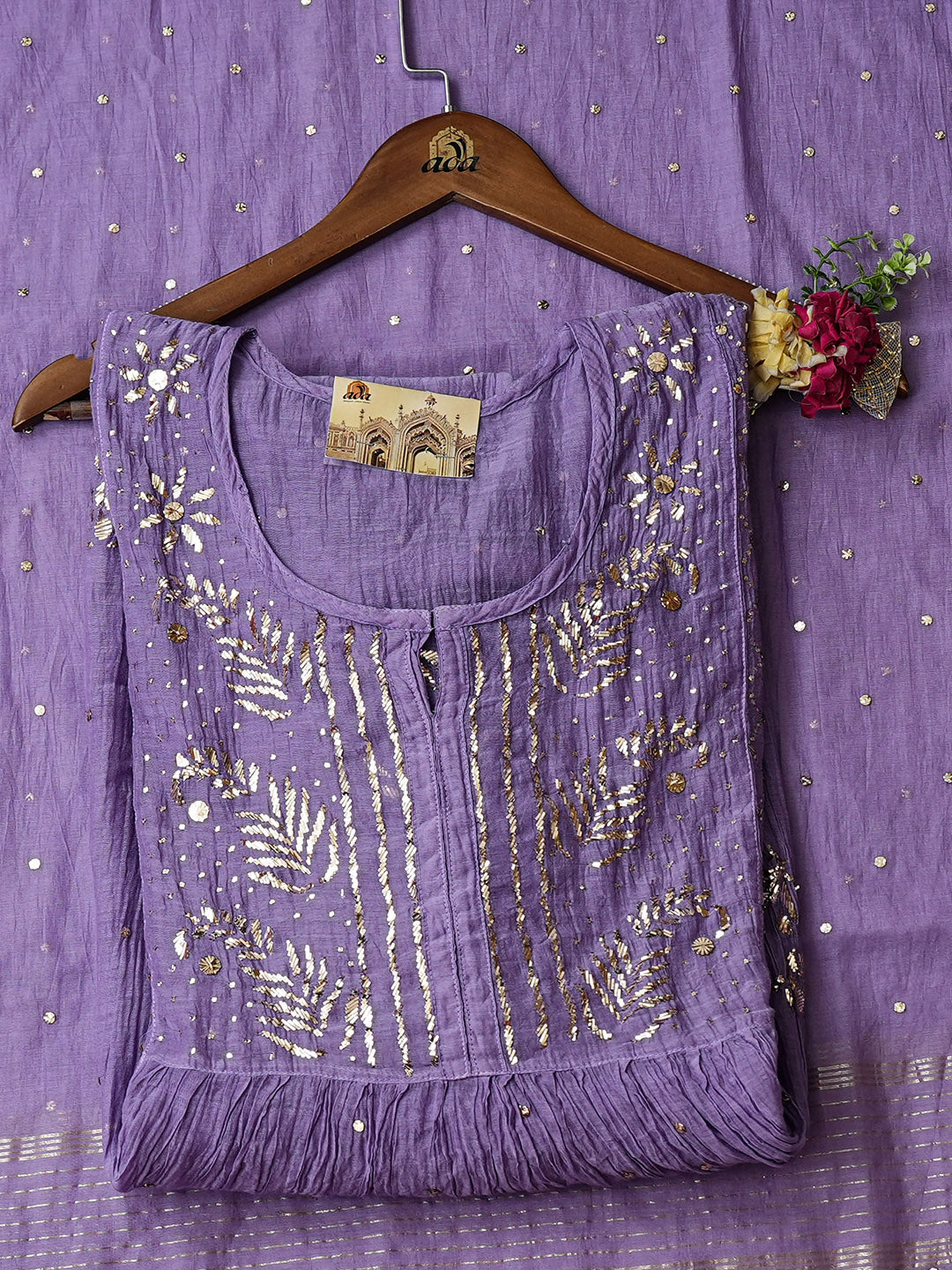 Ada Hand Embroidered Mauve Chanderi Semi-Stitched A-line Kurta Dupatta Set With Muqaish Work 01A977975