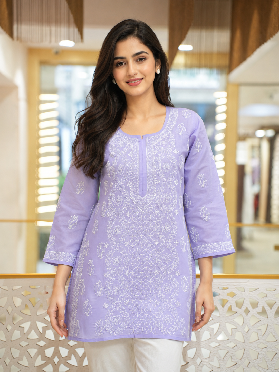 Ada Hand Embroidered Mauve Cotton Lucknowi Chikankari Short Kurti A911602_1