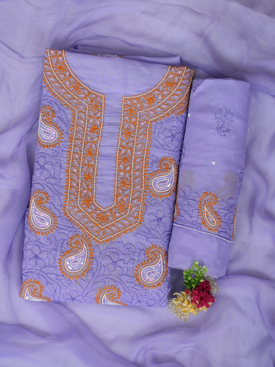 Ada Hand Embroidered Mauve Cotton Lucknowi Chikankari Unstitched Suit Piece With Pearl and Sequinned Work 01A985611