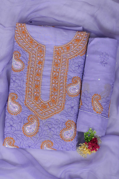 Ada Hand Embroidered Mauve Cotton Lucknowi Chikankari Unstitched Suit Piece With Pearl Work 01A985611