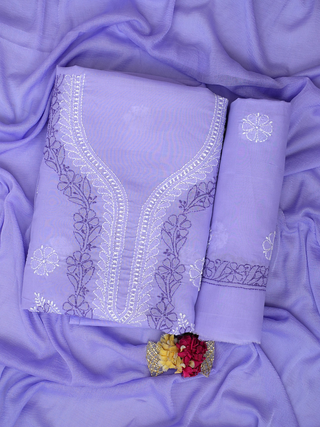 Ada Hand Embroidered Mauve Cotton Lucknowi Chikankari Unstitched Suit Set With Chiffon Dupatta 01A913525