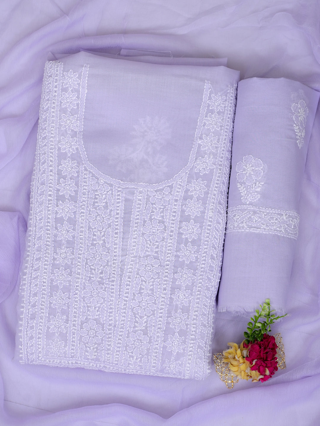 Ada Hand Embroidered Mauve Cotton Lucknowi Chikankari Unstitched Suit Set With Chiffon Dupatta 01A986943