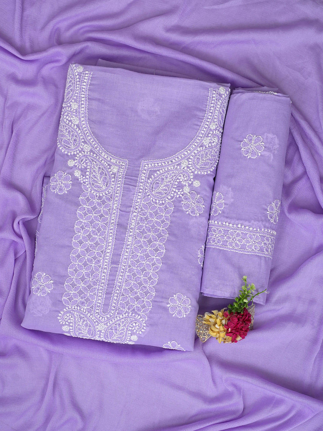 Ada Hand Embroidered Mauve Cotton Lucknowi Chikankari Unstitched Suit Set With Chiffon Dupatta 01A992357