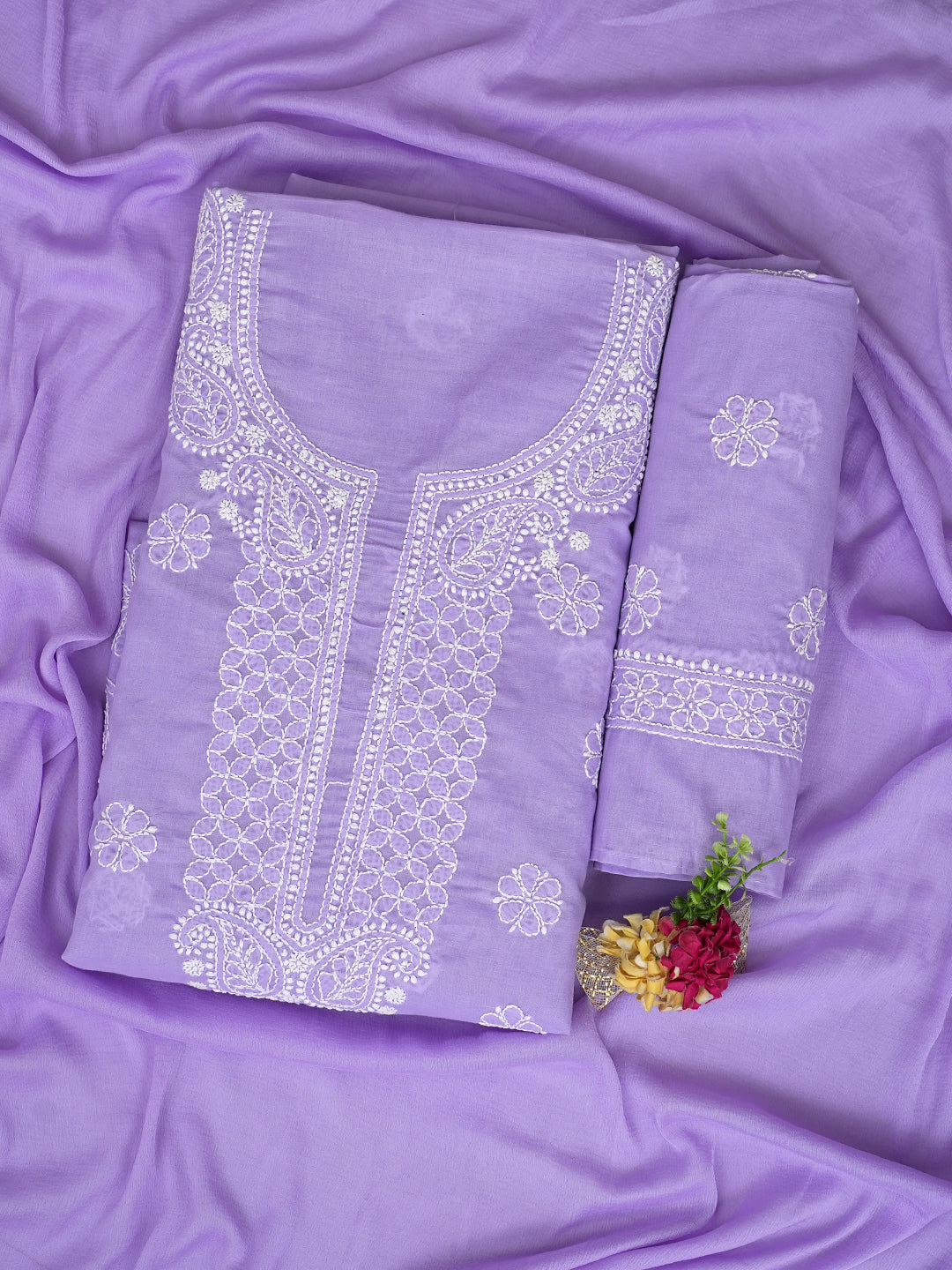 Ada Hand Embroidered Mauve Cotton Lucknowi Chikankari Unstitched Suit Set With Chiffon Dupatta 01A992357