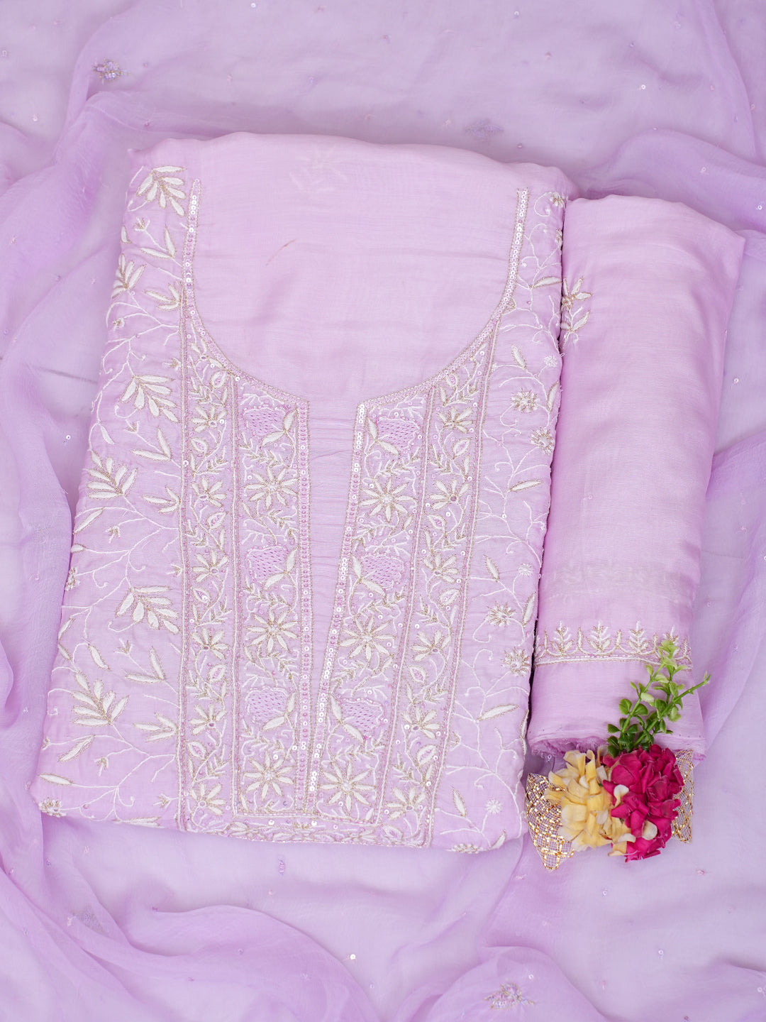 Ada Hand Embroidered Mauve Crepe Lucknowi Chikankari Unstitched Suit Piece With Zari, Cutdana and Sequinned Work 01A821752