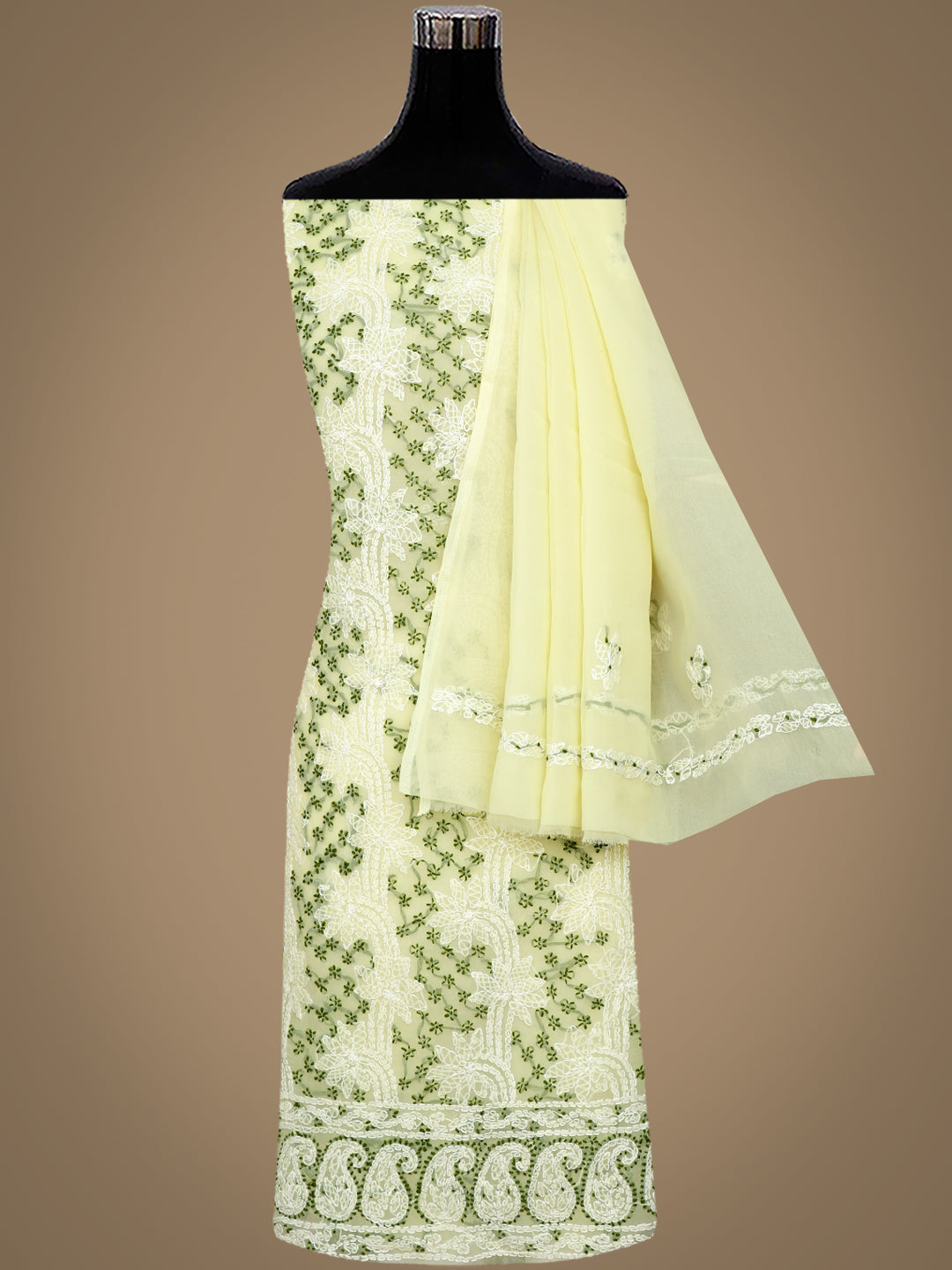 Ada Hand Embroidered Lemon Faux Georgette Lucknowi Chikankari Unstitched Suit Piece 01A913286