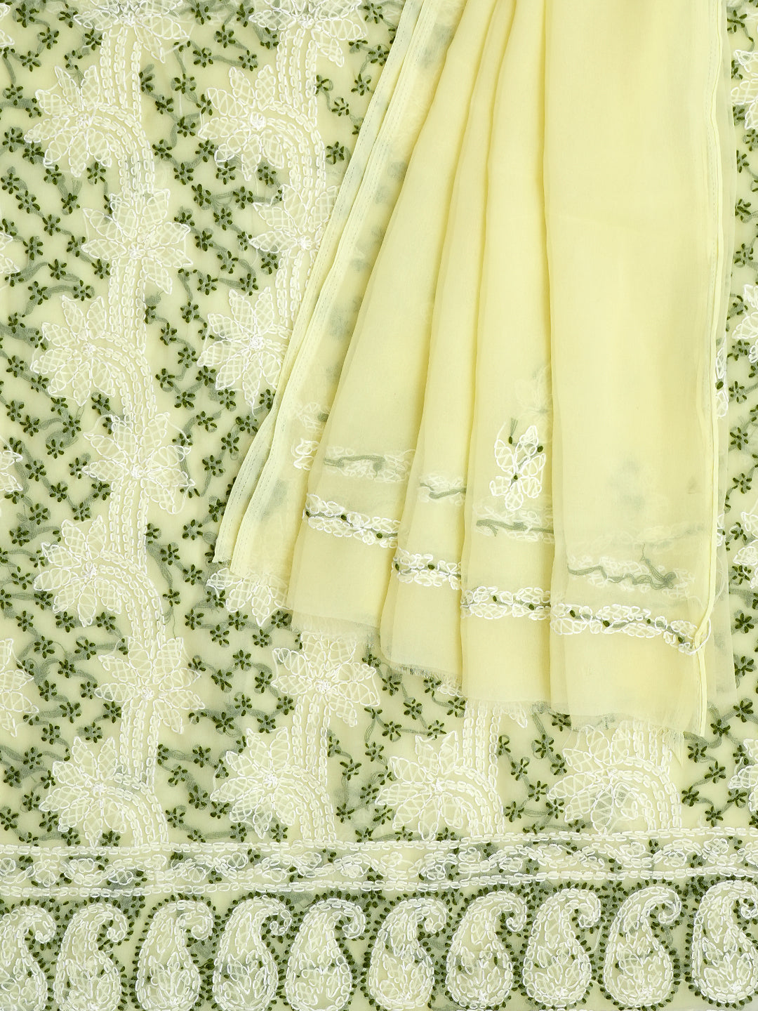 Ada Hand Embroidered Lemon Faux Georgette Lucknowi Chikankari Unstitched Suit Piece 01A913286