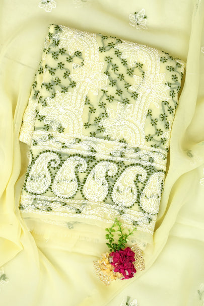Ada Hand Embroidered Lemon Faux Georgette Lucknowi Chikankari Unstitched Suit Piece 01A913286