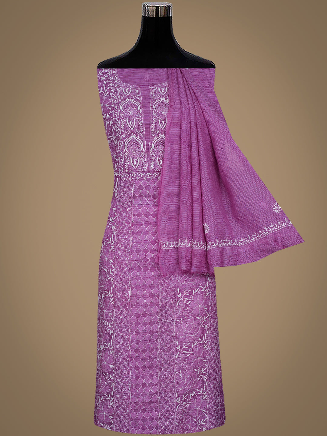 Ada Hand Embroidered Mauve Kota Chanderi Lucknowi Chikankari Unstitched Kurta Dupatta Set 01A994809