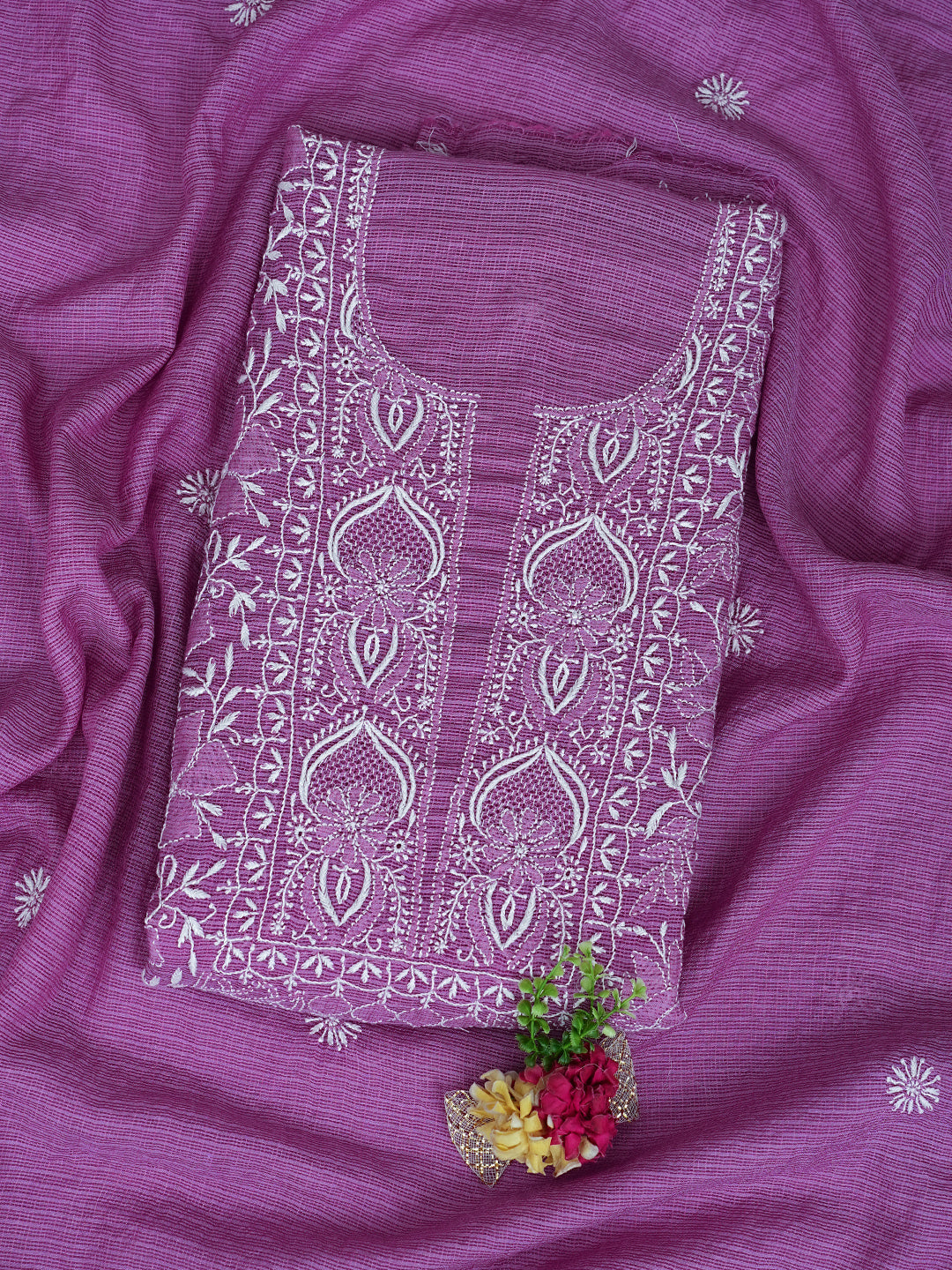 Ada Hand Embroidered Mauve Kota Chanderi Lucknowi Chikankari Unstitched Kurta Dupatta Set 01A994809