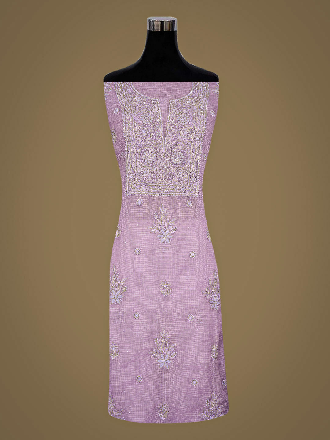 Ada Hand Embroidered Mauve Kota Chanderi Lucknowi Chikankari Unstitched Kurta Dupatta Set With Sequinned Work 01A890387