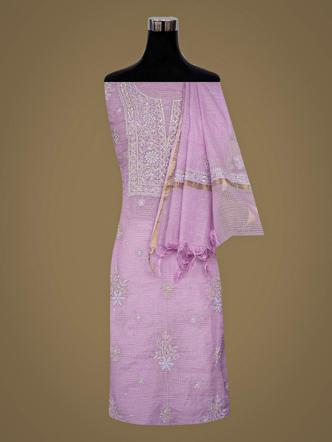 Ada Hand Embroidered Mauve Kota Chanderi Lucknowi Chikankari Unstitched Kurta Dupatta Set With Sequinned Work 01A890387