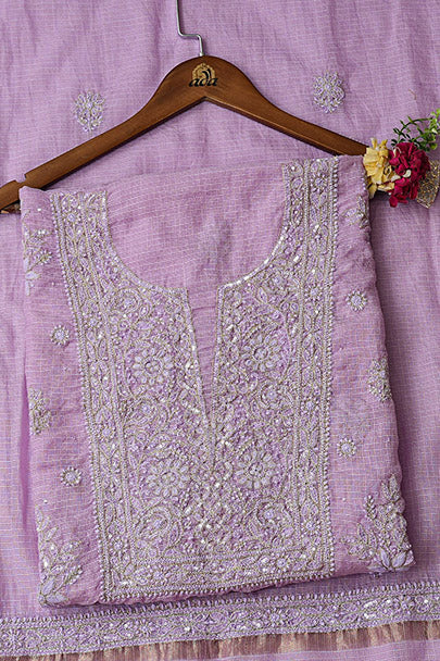 Ada Hand Embroidered Mauve Kota Chanderi Lucknowi Chikankari Unstitched Kurta Dupatta Set With Sequinned Work 01A890387