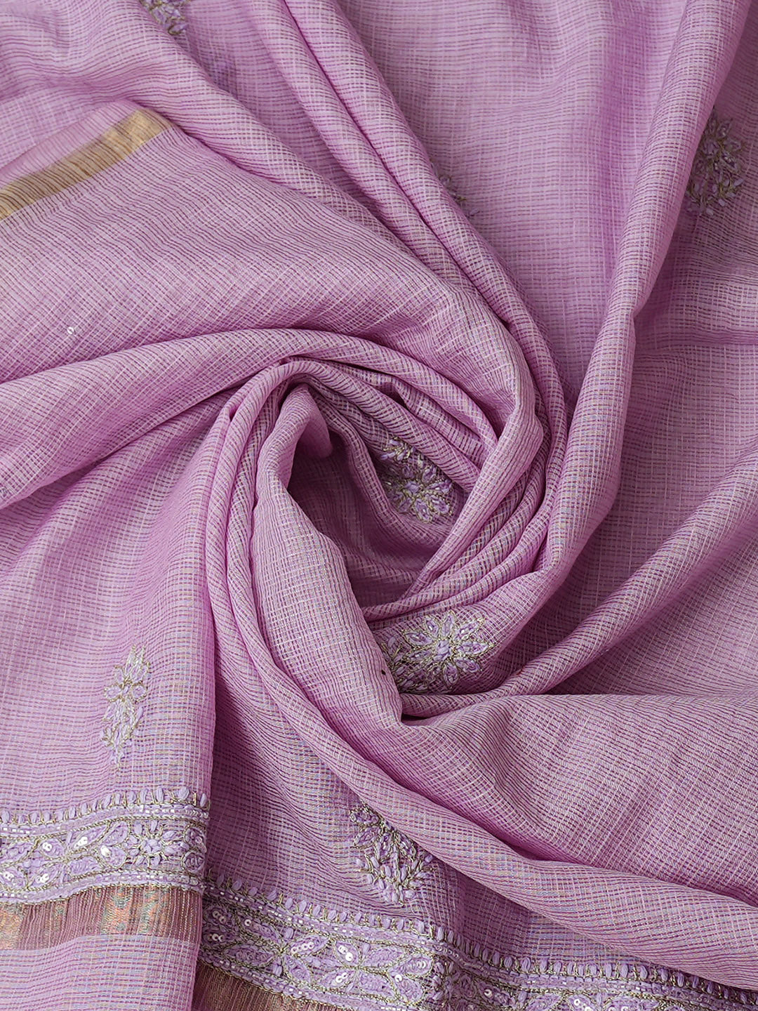 Ada Hand Embroidered Mauve Kota Chanderi Lucknowi Chikankari Unstitched Kurta Dupatta Set With Sequinned Work 01A890387