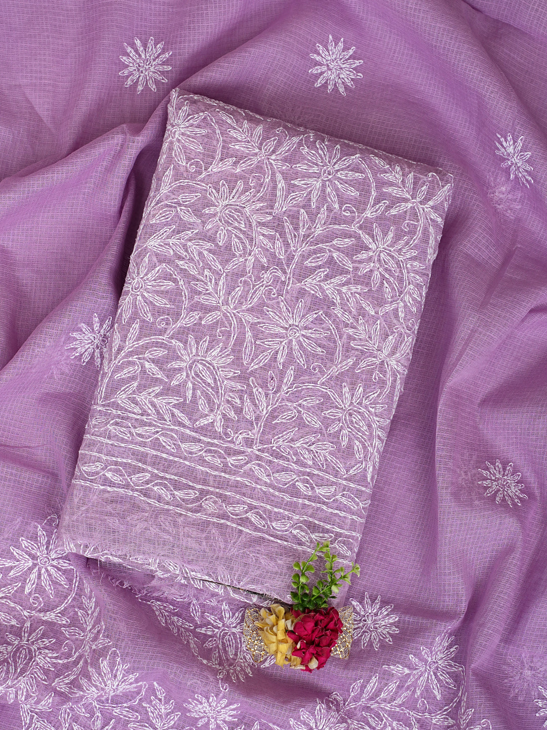 Ada Hand Embroidered Mauve Kota Lucknowi Chikankari Unstitched Kurta Dupatta Set 01A971029