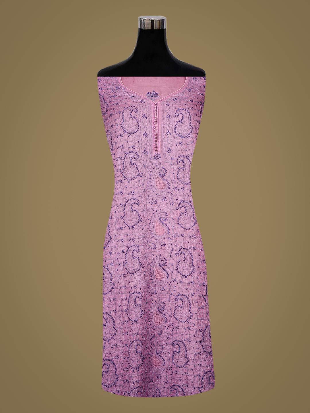 Ada Hand Embroidered Mauve Silk Lucknowi Chikankari Semi-Stitched Suit Piece With Mukaish Work Dupatta 01A989881