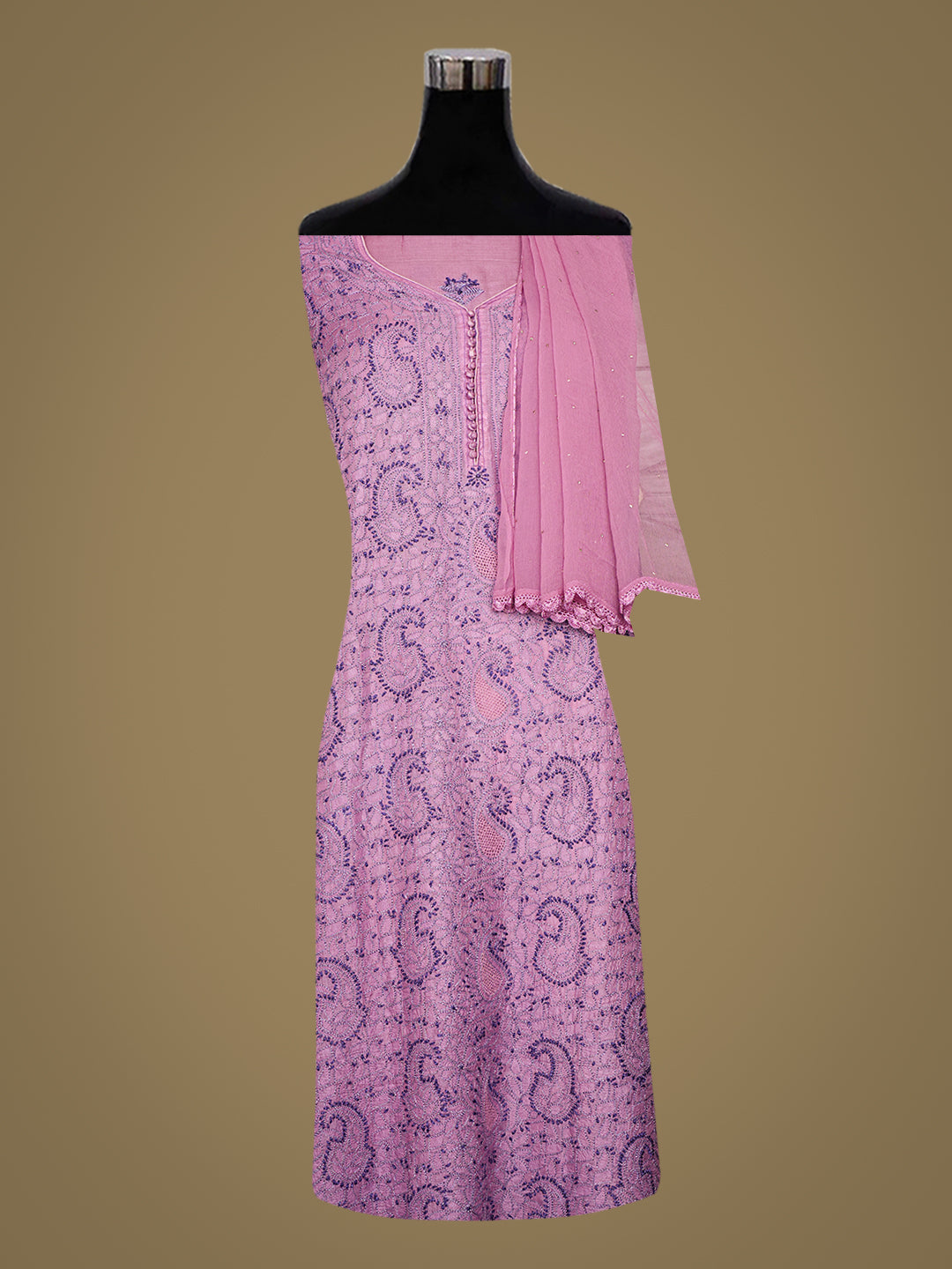 Ada Hand Embroidered Mauve Silk Lucknowi Chikankari Semi-Stitched Suit Piece With Mukaish Work Dupatta 01A989881
