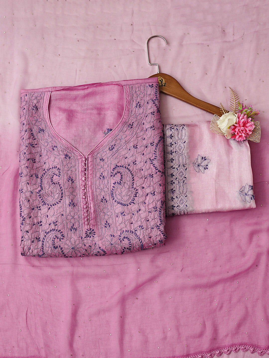 Ada Hand Embroidered Mauve Silk Lucknowi Chikankari Semi-Stitched Suit Piece With Mukaish Work Dupatta 01A989881