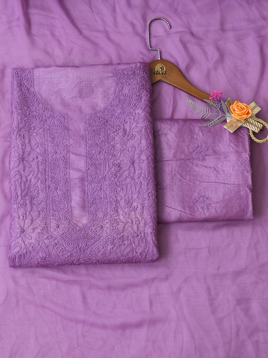 Ada Hand Embroidered Mauve Silk Lucknowi Chikankari Unstitched Suit Piece 01A965576