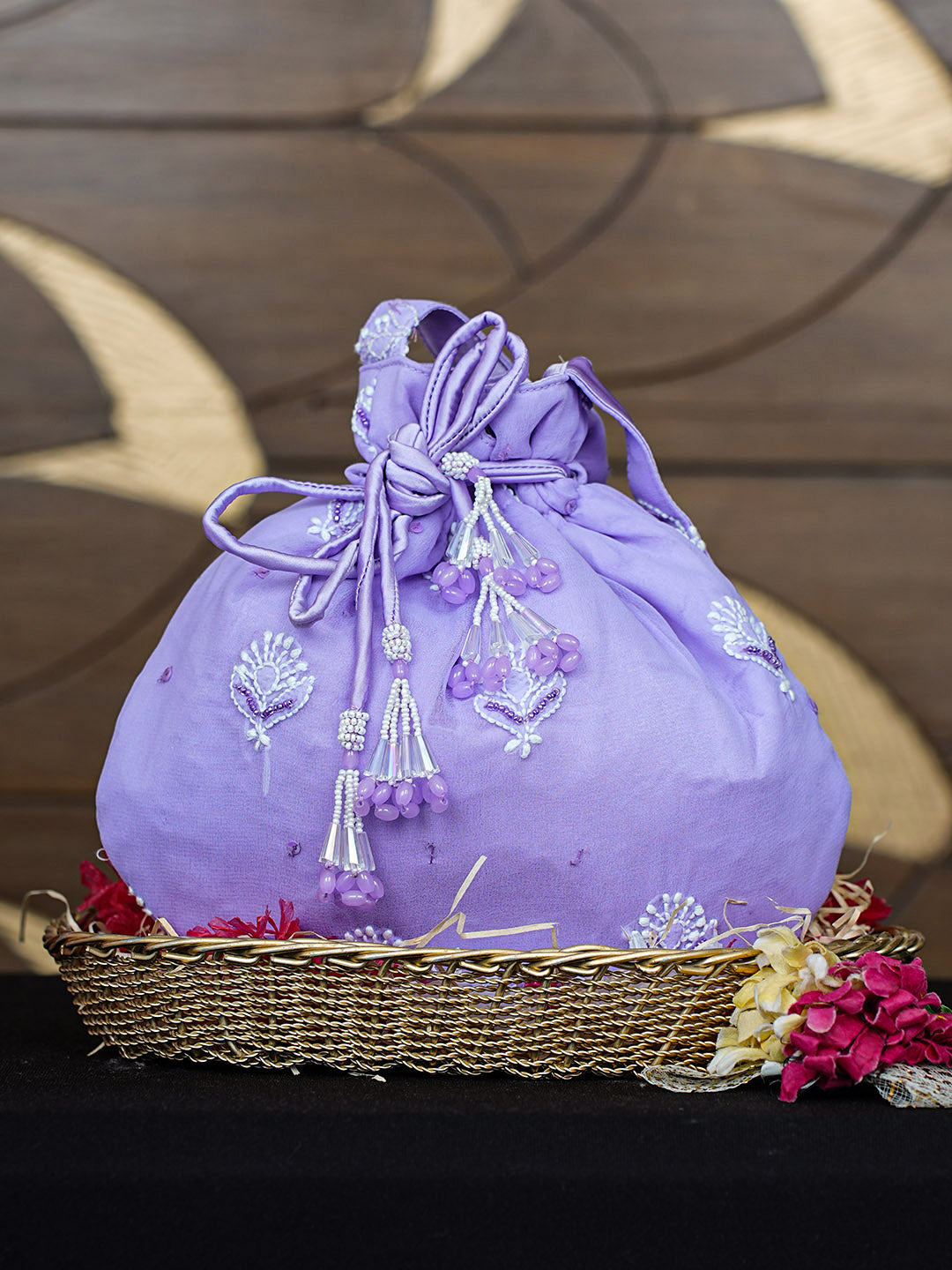Ada Hand Embroidered Mauve Viscose Georgette Lucknowi Chikankari Potli Bag With Cutdana Work 01A963466