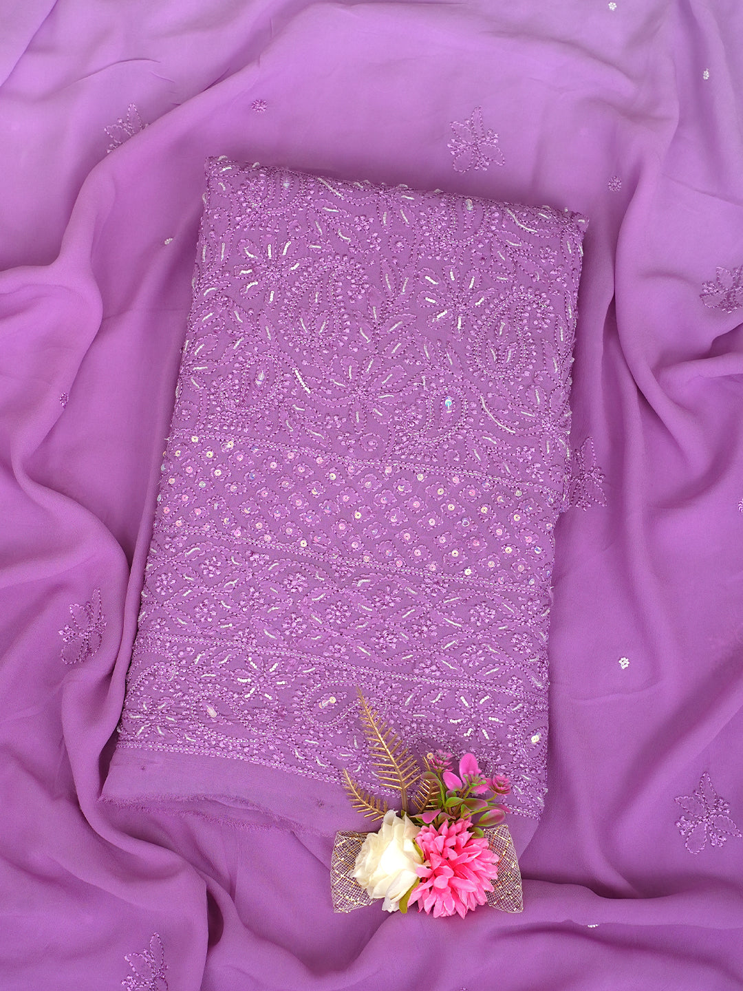 Ada Hand Embroidered Mauve Viscose Georgette Lucknowi Chikankari Unstitched Kurta Dupatta Set With Cutdana Work 01A933576