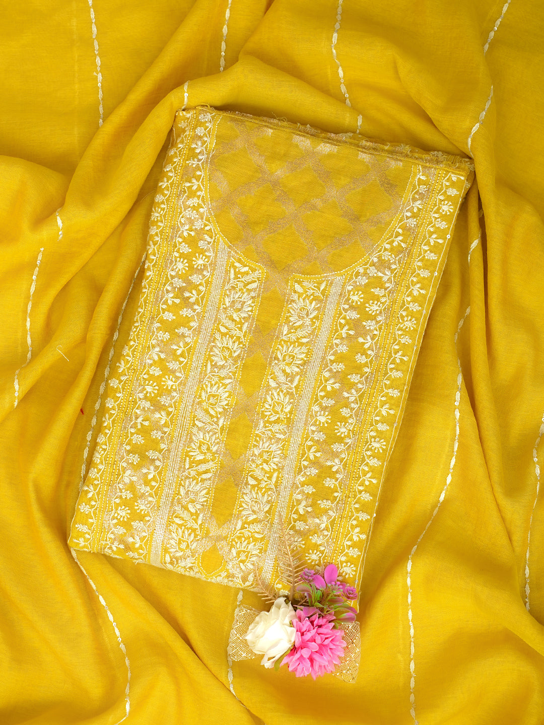 Ada Hand Embroidered Mehandi Green Chanderi Lucknowi Chikankari Semi-Stitched Kurta Dupatta Set With Cutdana Work 01A954489