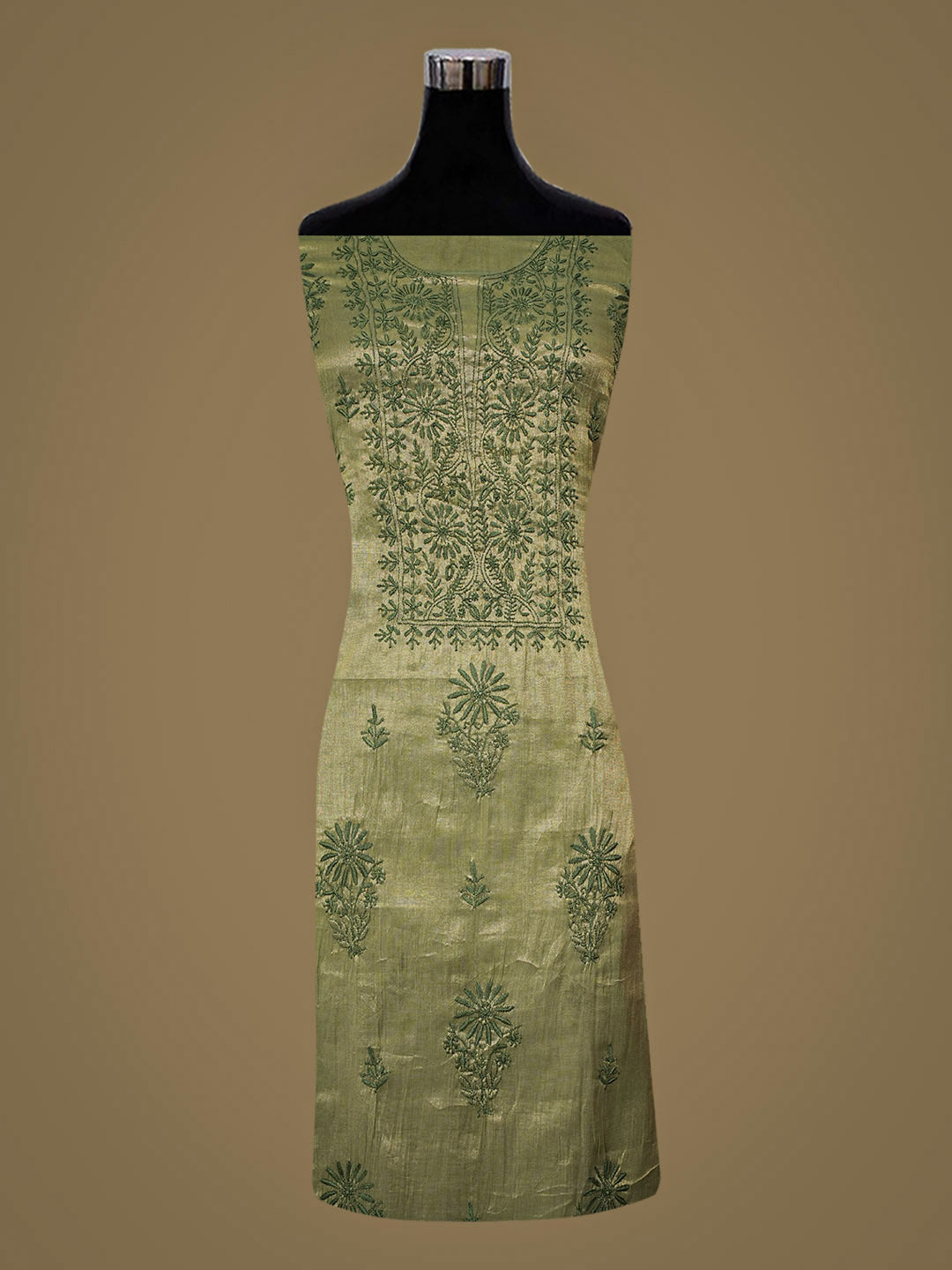 Ada Hand Embroidered Mehandi Green Tissue Unstitched Lucknowi Chikankari Kurta Dupatta Set 01A948062