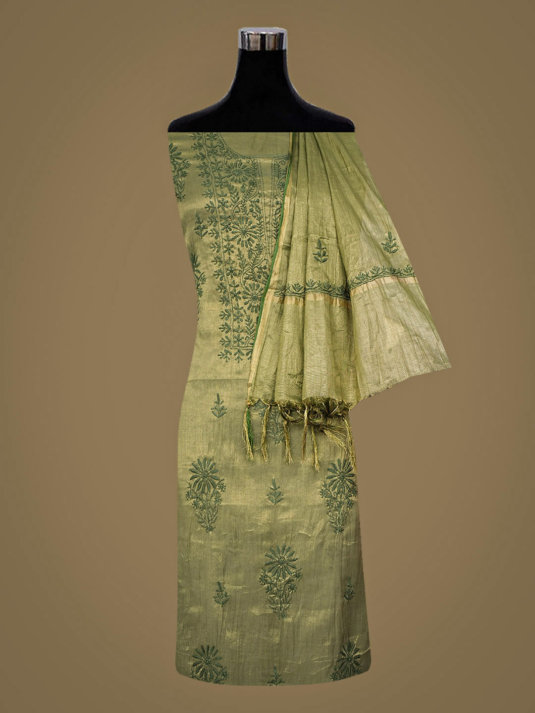 Ada Hand Embroidered Mehandi Green Tissue Unstitched Lucknowi Chikankari Kurta Dupatta Set 01A948062