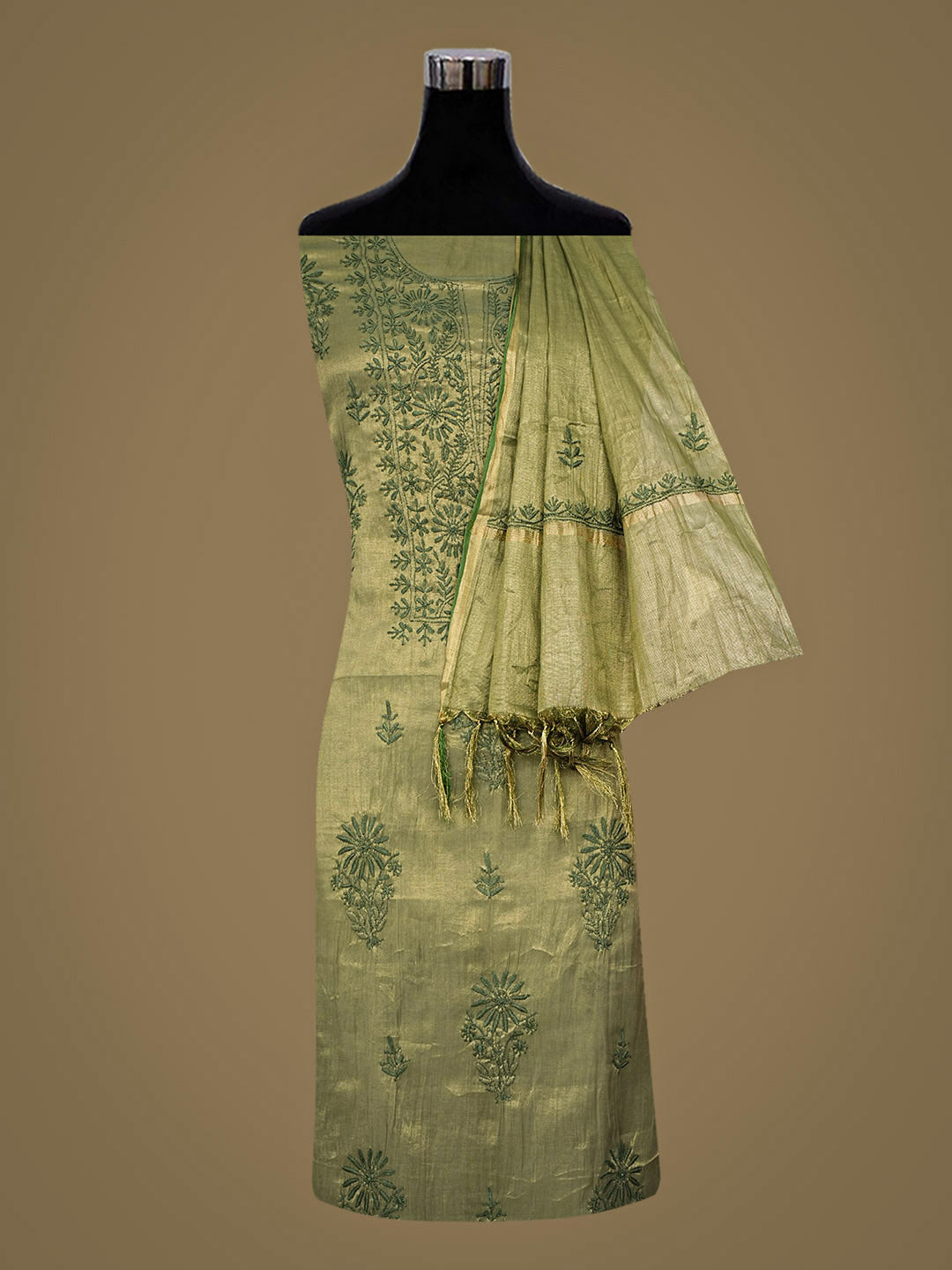 Ada Hand Embroidered Mehandi Green Tissue Unstitched Lucknowi Chikankari Kurta Dupatta 01A948062