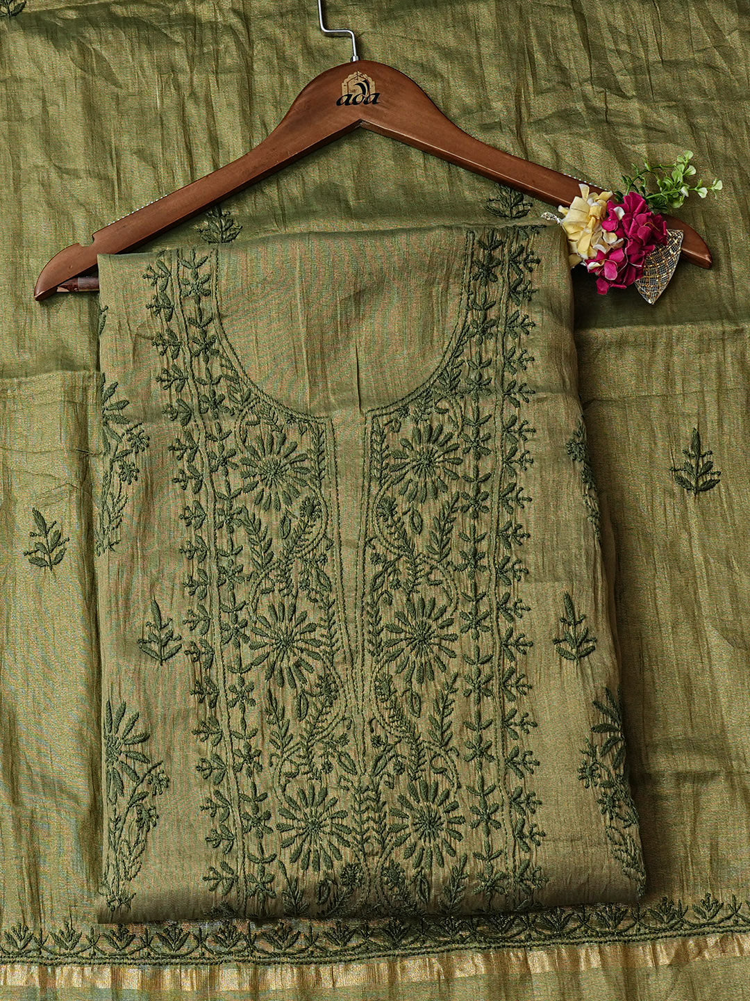 Ada Hand Embroidered Mehandi Green Tissue Unstitched Lucknowi Chikankari Kurta Dupatta 01A948062