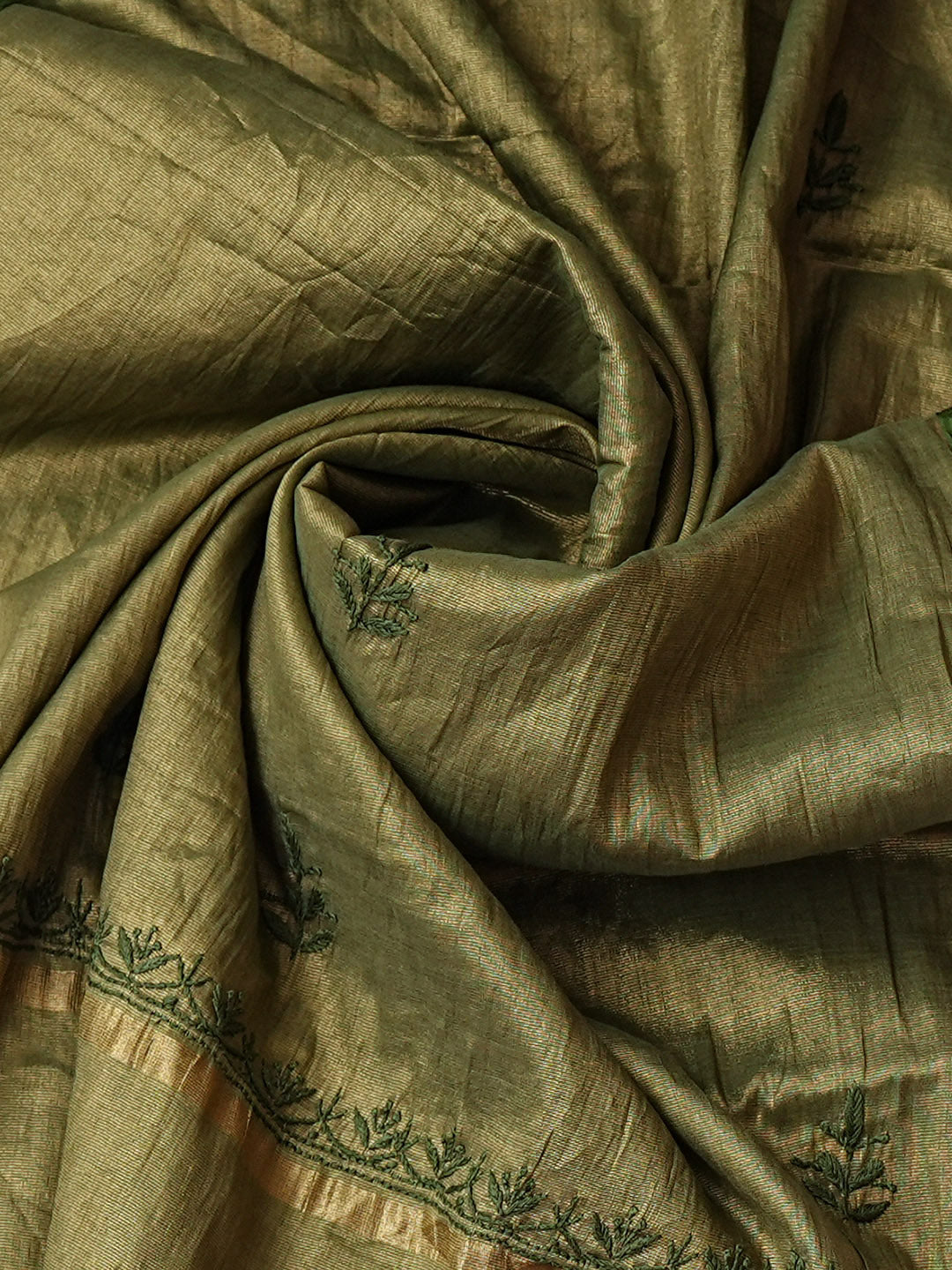 Ada Hand Embroidered Mehandi Green Tissue Unstitched Lucknowi Chikankari Kurta Dupatta Set 01A948062