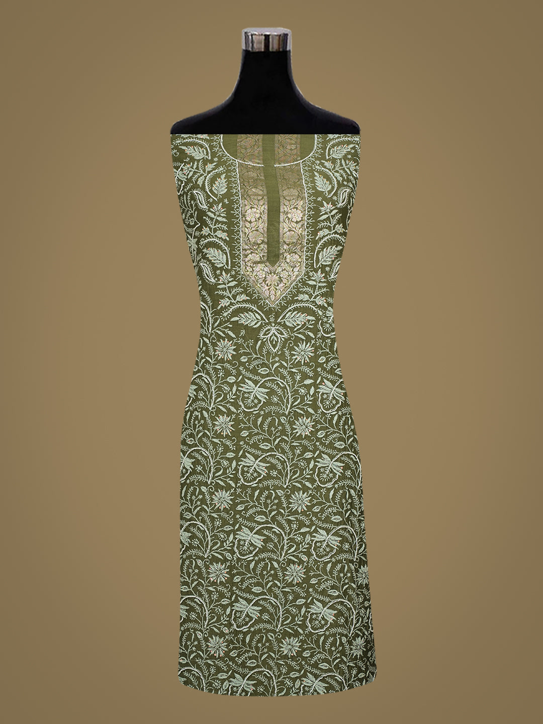 Ada Hand Embroidered Mehendi Green Chanderi Lucknowi Chikankari Unstitched Kurta Dupatta Set With Cutdana Work 01A913957