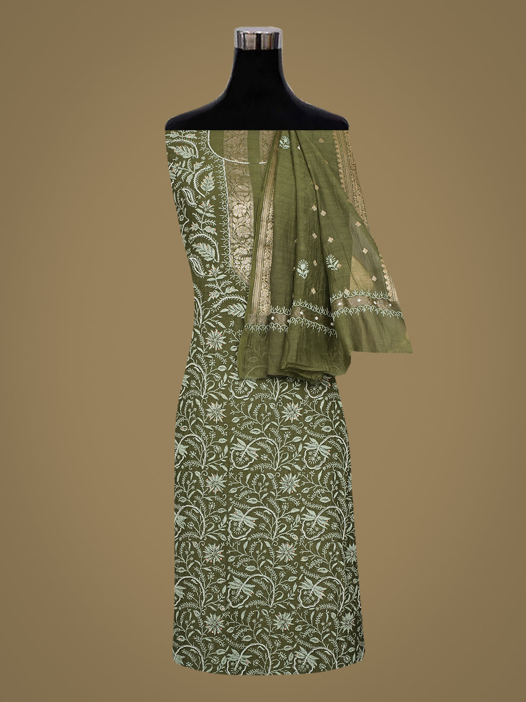 Ada Hand Embroidered Mehendi Green Chanderi Lucknowi Chikankari Unstitched Kurta Dupatta Set With Cutdana Work 01A913957