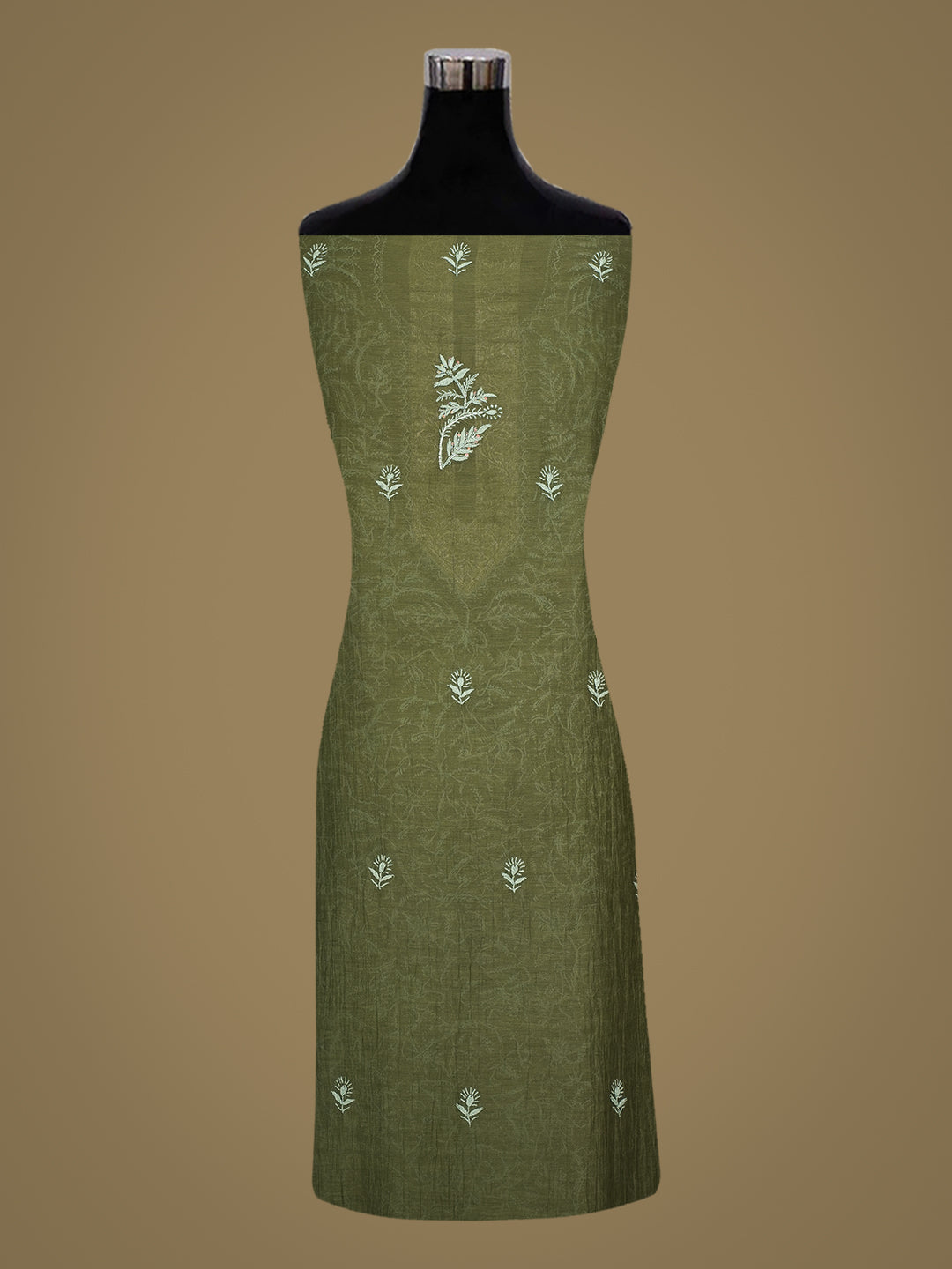 Ada Hand Embroidered Mehendi Green Chanderi Lucknowi Chikankari Unstitched Kurta Dupatta Set With Cutdana Work 01A913957