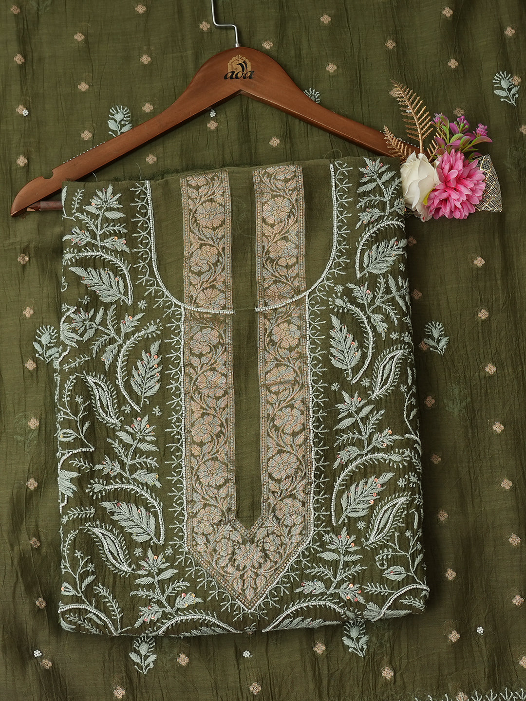 Ada Hand Embroidered Mehendi Green Chanderi Lucknowi Chikankari Unstitched Kurta Dupatta Set With Cutdana Work 01A913957
