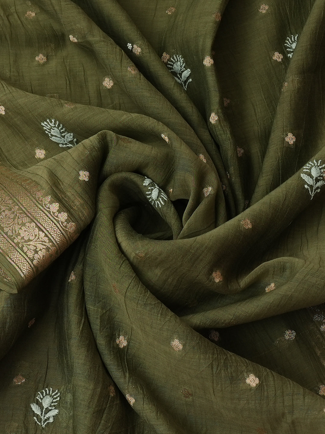 Ada Hand Embroidered Mehendi Green Chanderi Lucknowi Chikankari Unstitched Kurta Dupatta Set With Cutdana Work 01A913957