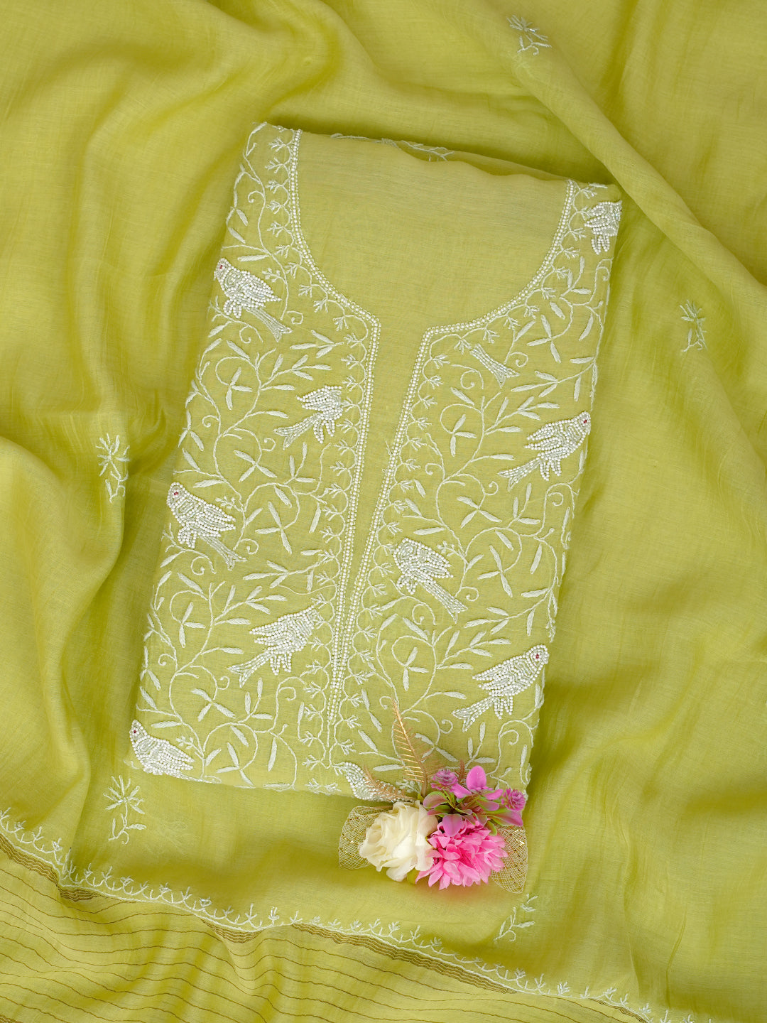 Ada Hand Embroidered Mehendi Green Chanderi Lucknowi Chikankari Unstitched Kurta Dupatta Set With Pearl Work 01A803951