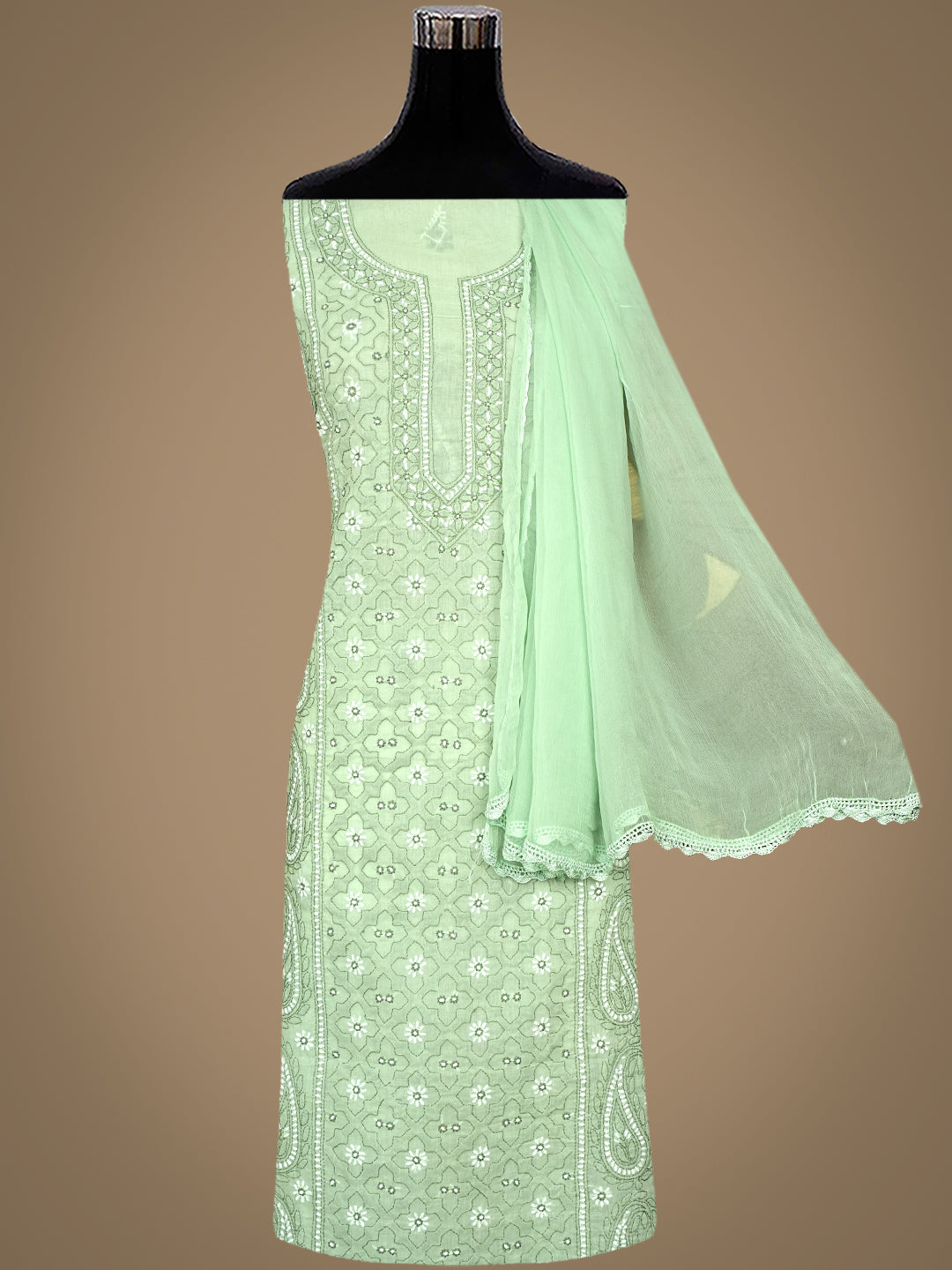 Ada Hand Embroidered Mint Green Cotton Lucknowi Chikankari Unstitched Suit Set 01A1010801