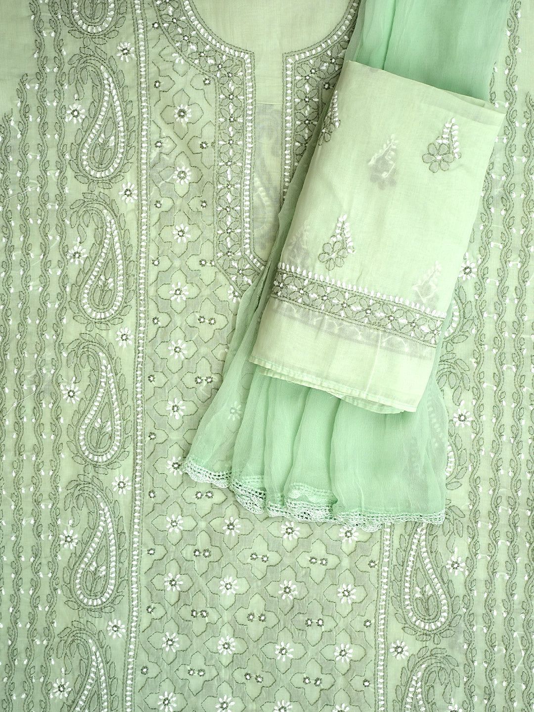 Ada Hand Embroidered Mint Green Cotton Lucknowi Chikankari Unstitched Suit Set 01A1010801