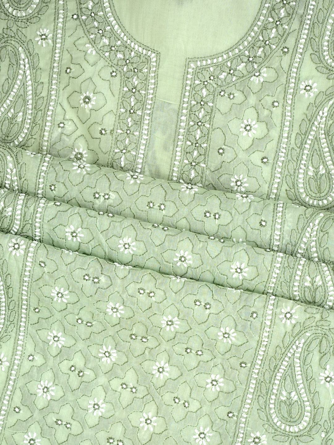 Ada Hand Embroidered Mint Green Cotton Lucknowi Chikankari Unstitched Suit Set 01A1010801