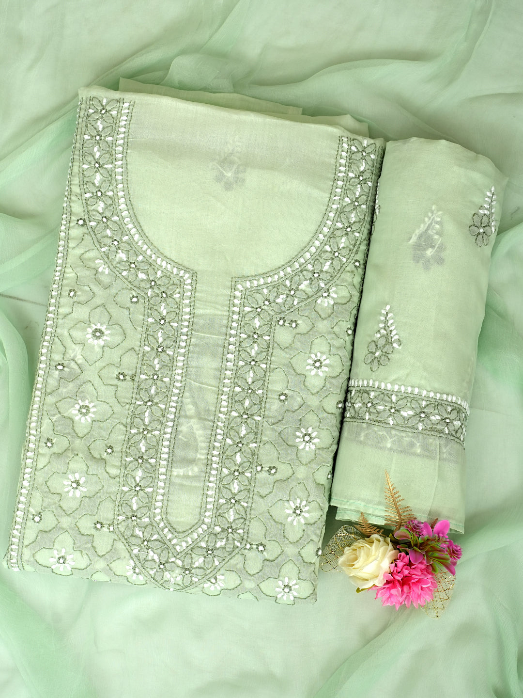 Ada Hand Embroidered Mint Green Cotton Lucknowi Chikankari Unstitched Suit Set 01A1010801