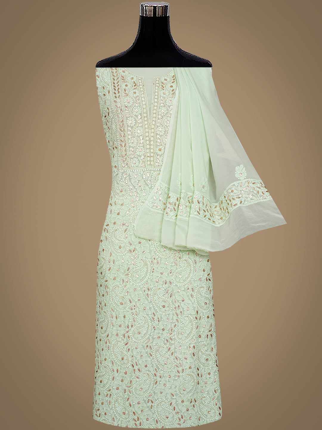 Mint Green Viscose Georgette Chikankari Kurta Set with Gota Patti Work