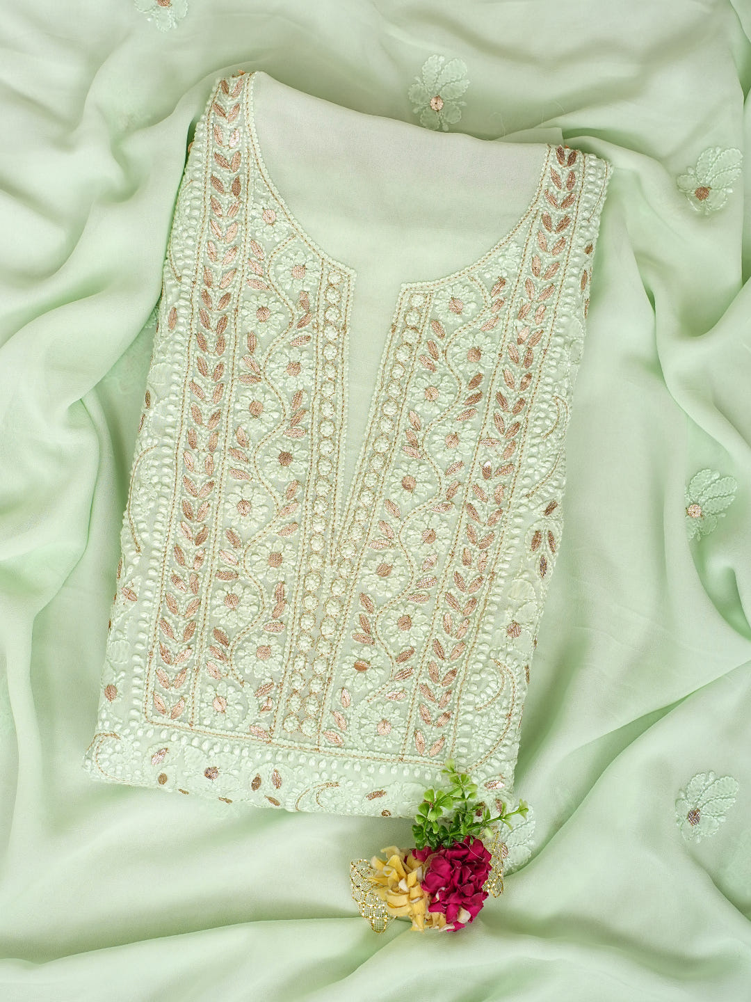 Ada Mint Green Lucknowi Chikankari Unstitched Kurta Dupatta Set