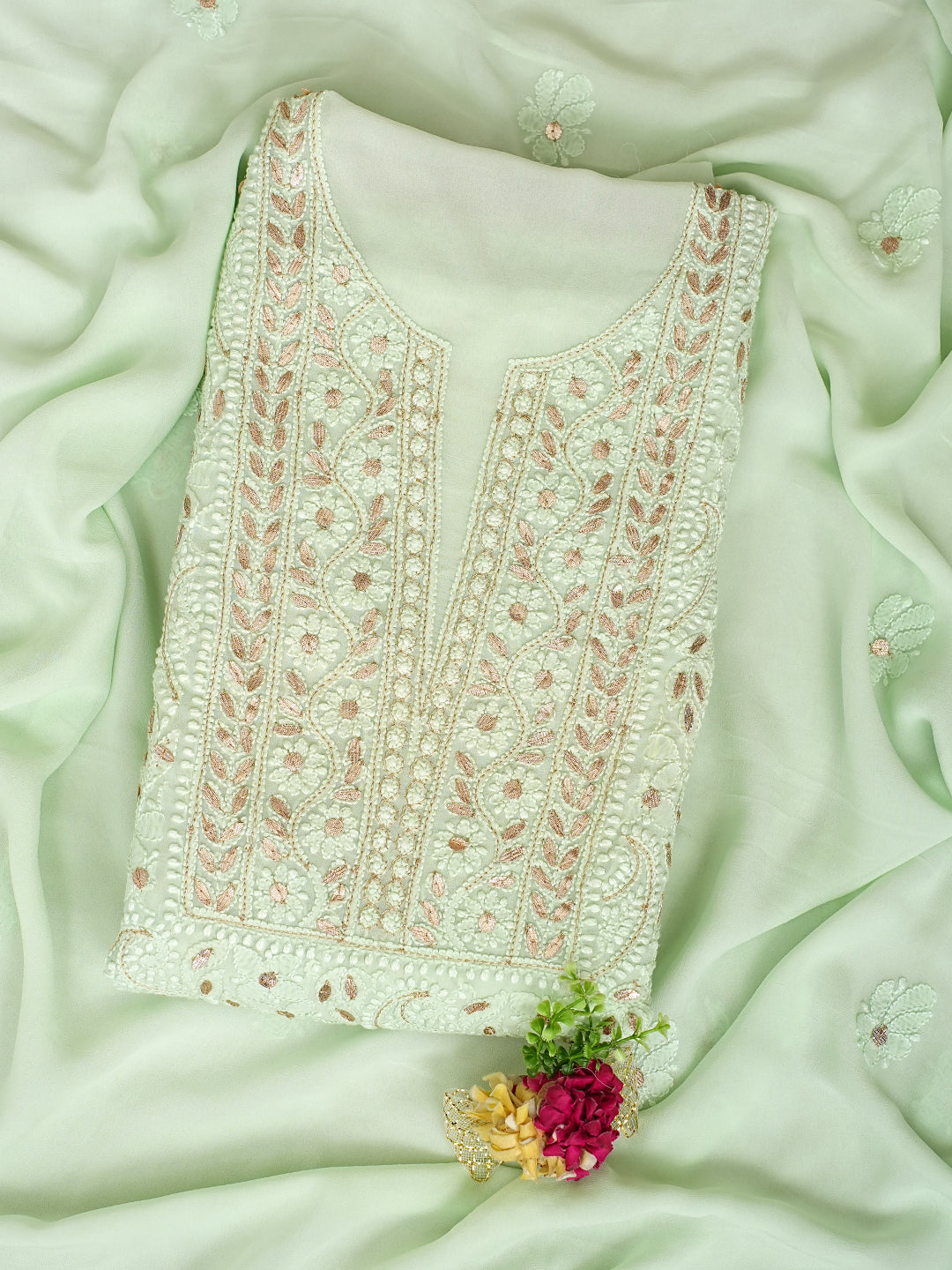 Ada Mint Green Lucknowi Chikankari Unstitched Kurta Dupatta Set