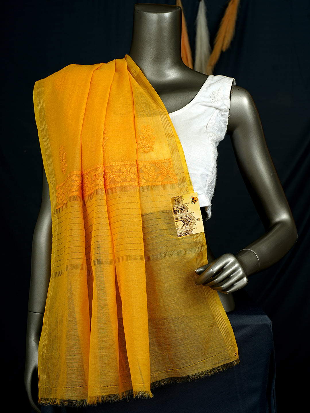 Ada Hand Embroidered Mustard Chanderi Lucknowi Chikankari Dupatta 01A902806