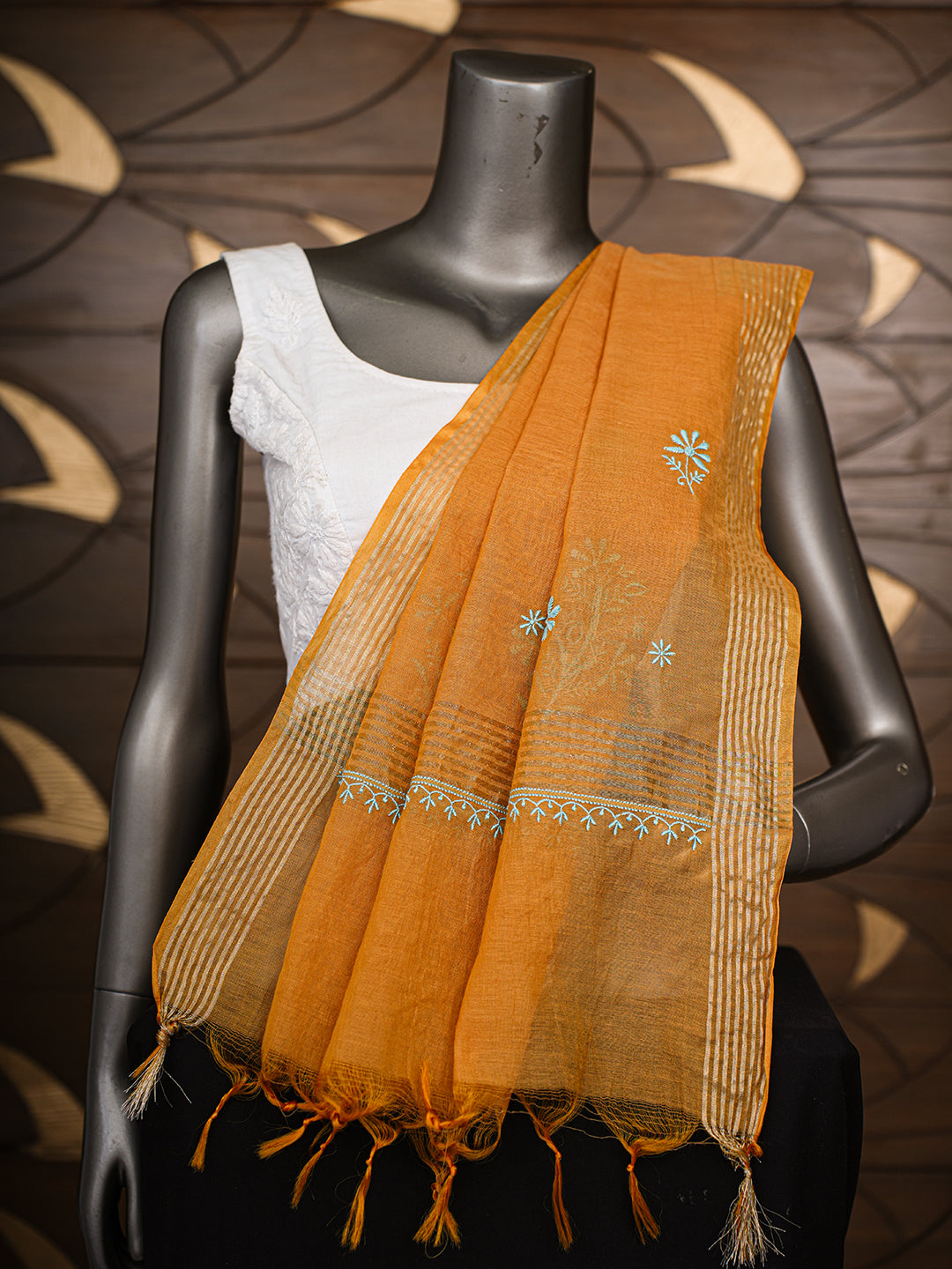 Ada Hand Embroidered Mustard Chanderi Lucknowi Chikankari Dupatta 07A501801