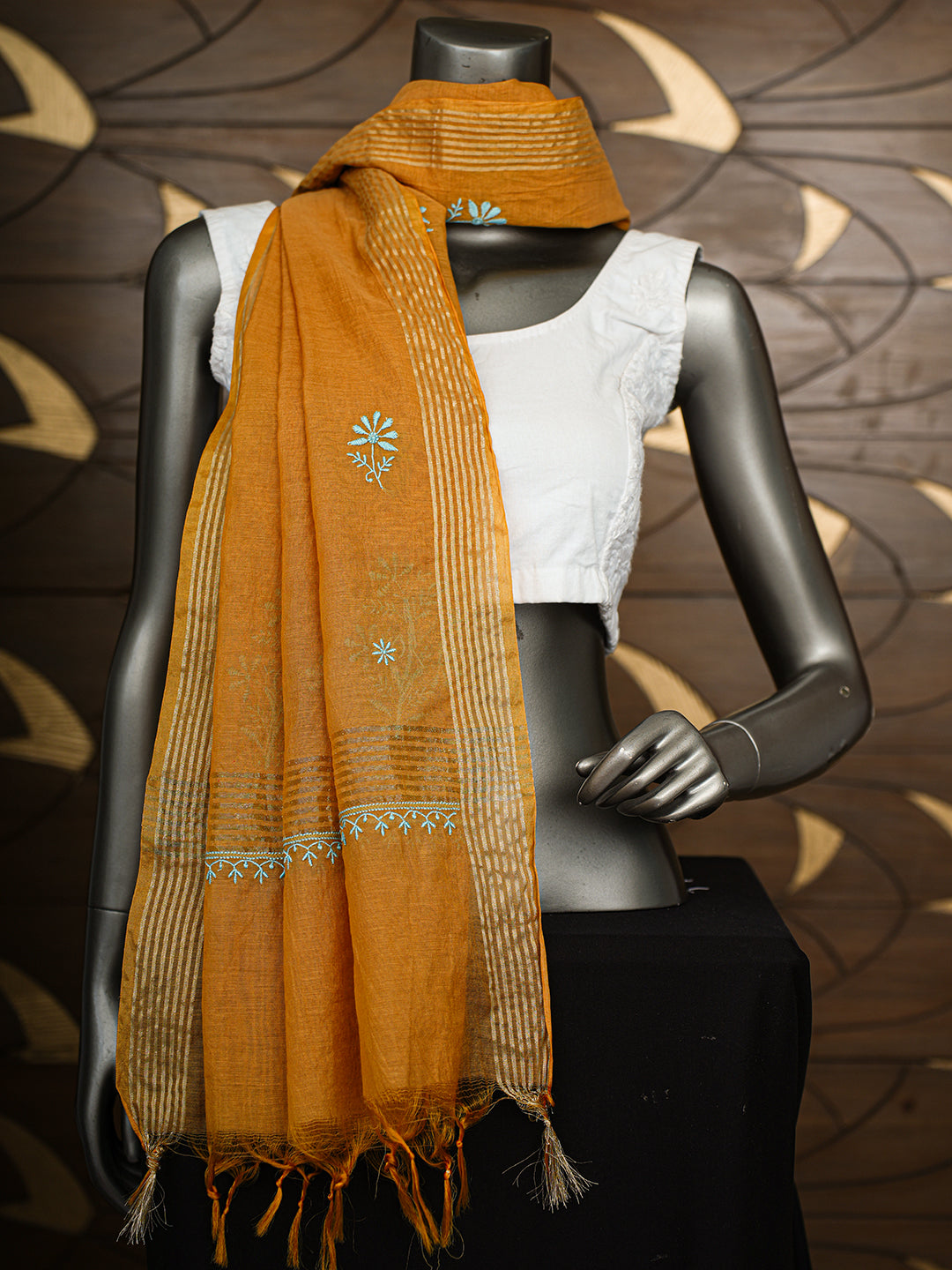 Ada Hand Embroidered Mustard Chanderi Lucknowi Chikankari Dupatta 07A501801