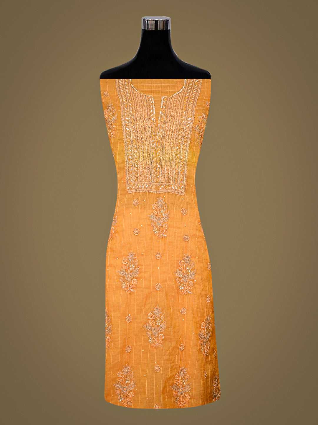 Ada Hand Embroidered Mustard Chanderi Lucknowi Chikankari Unstitched Kurta Dupatta Set With Zari Taar Work 01A850094