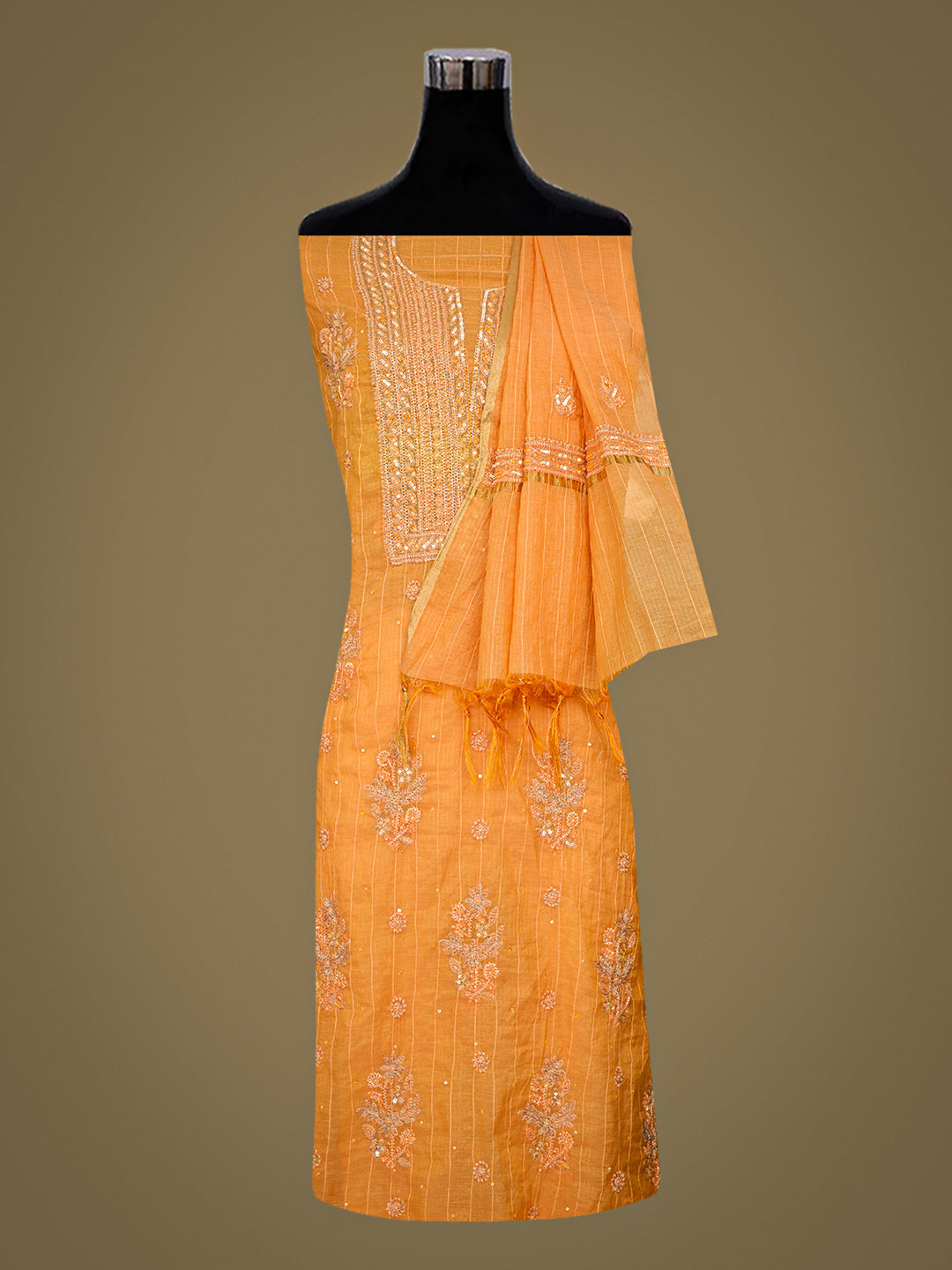 Ada Hand Embroidered Mustard Chanderi Lucknowi Chikankari Unstitched Kurta Dupatta Set With Zari Taar Work 01A850094