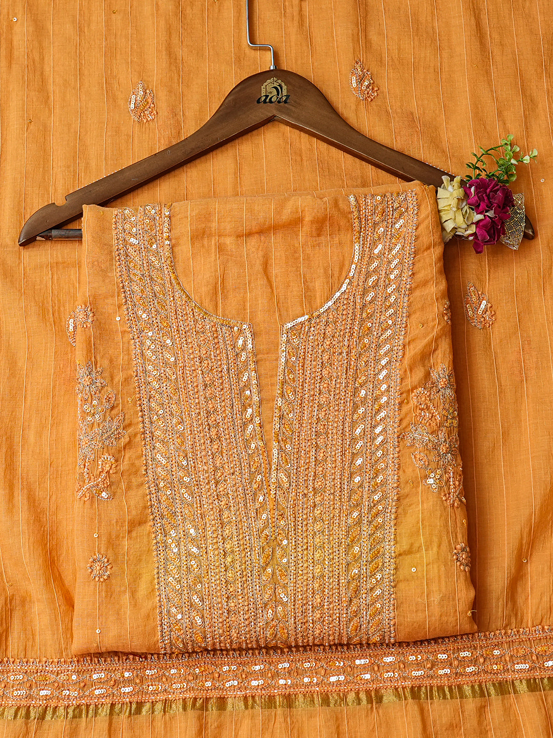 Ada Hand Embroidered Mustard Chanderi Lucknowi Chikankari Unstitched Kurta Dupatta Set With Zari Taar Work 01A850094